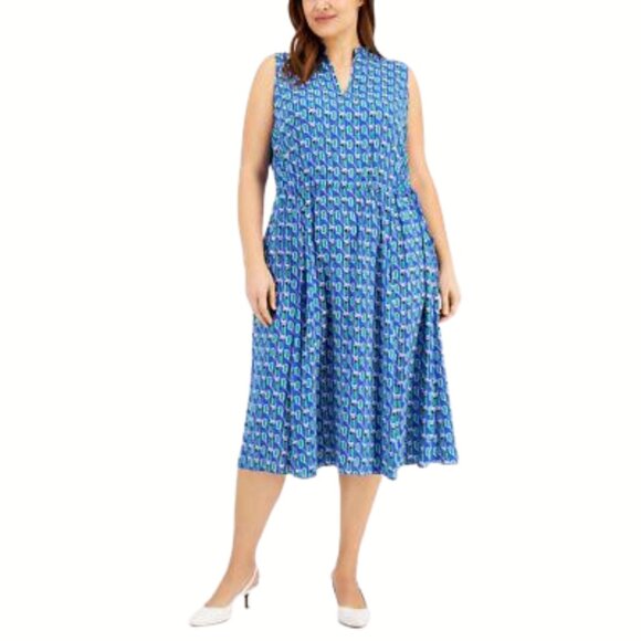 Anne Klein Plus Size 1X Blue Printed Drawstring Midi Dress NEW - Picture 2 of 11